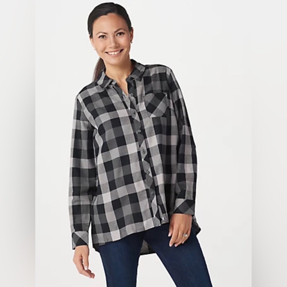 Gently Used Isaac Mizrahi Live! True Denim Plaid Button Up Shirt Grey- Size 12